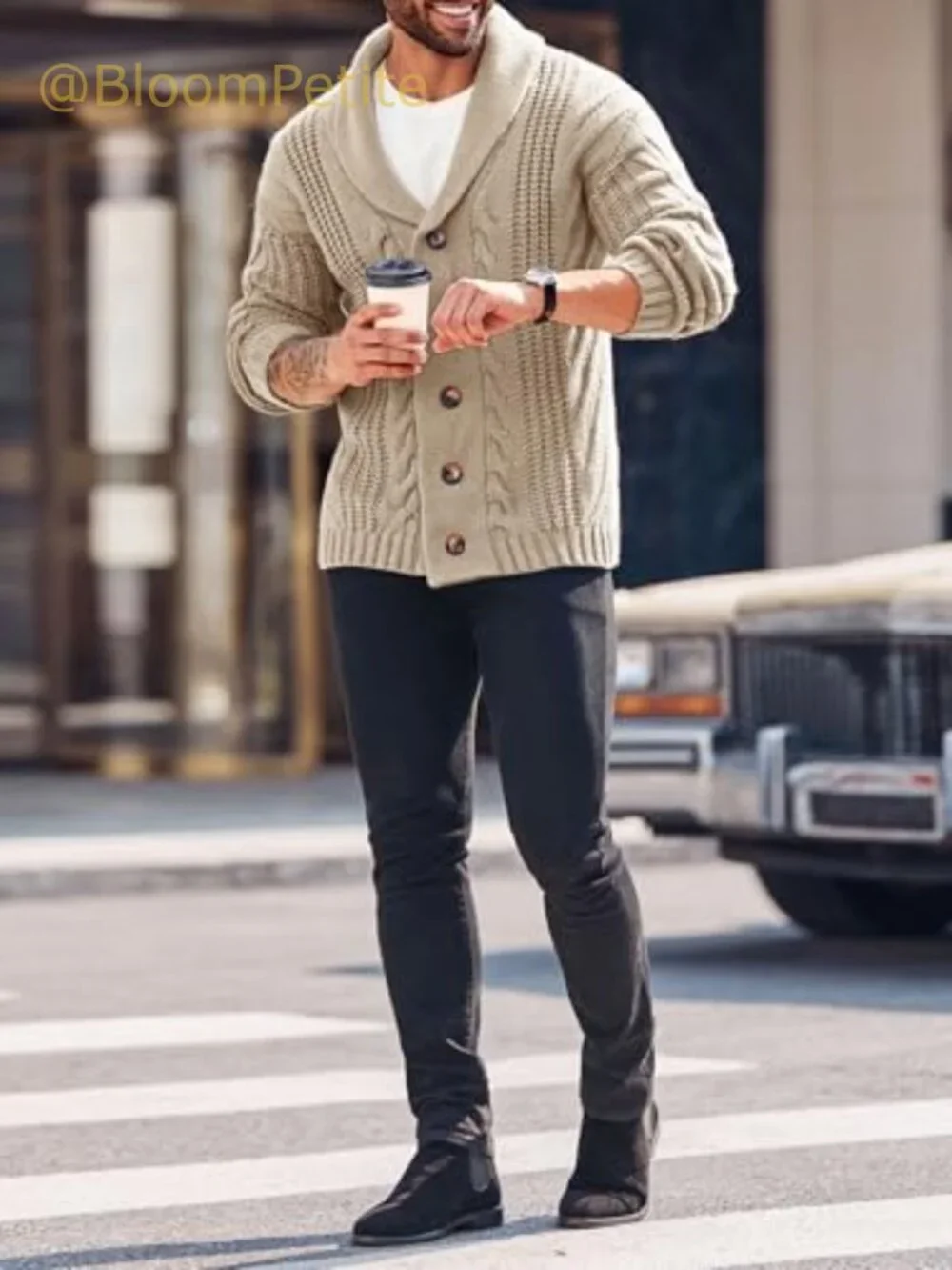 Mens Cable Knit Shawl Collar Cardigan Sweater Button Front Loose Fit
